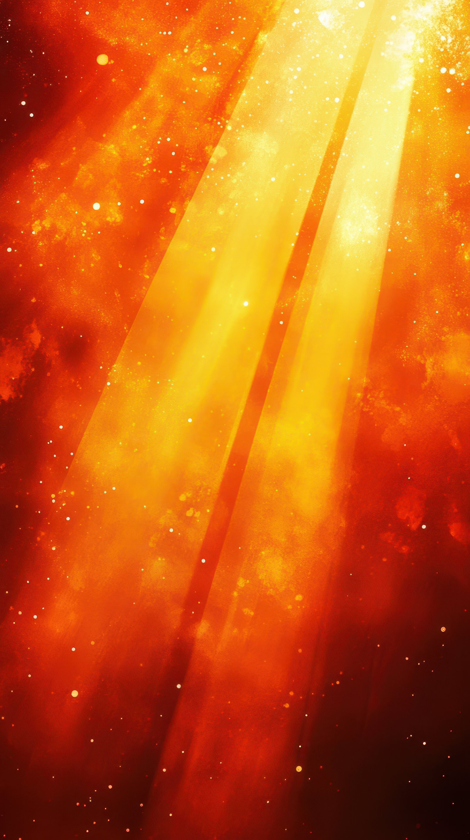 Luminous golden rays pierce through a vibrant orange and red atmosphere at dusk creating a mesmerizing spectacle